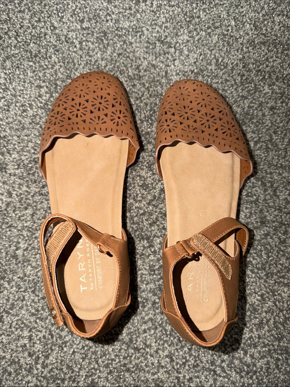 Taryn Rose Tan Laser-Cut Scalloped Ankle-Strap Flats